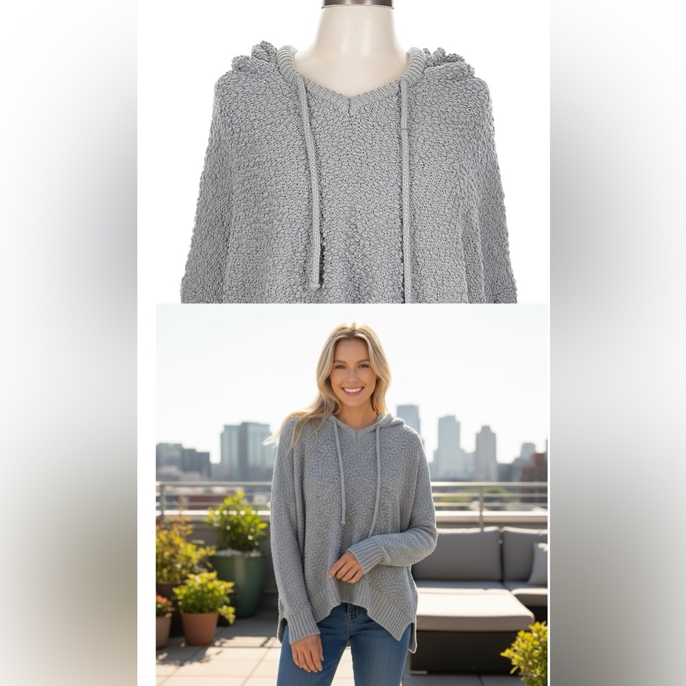 POL Gray Hooded Shearling Sweater L | Oversized Boho Fall Knit